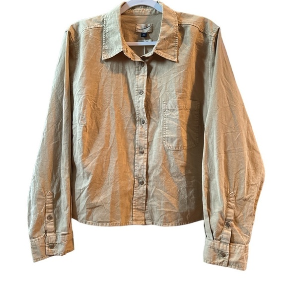 Universal Thread shirt cotton linen blend xxl cropped fit tan khaki pocket front - Picture 1 of 4